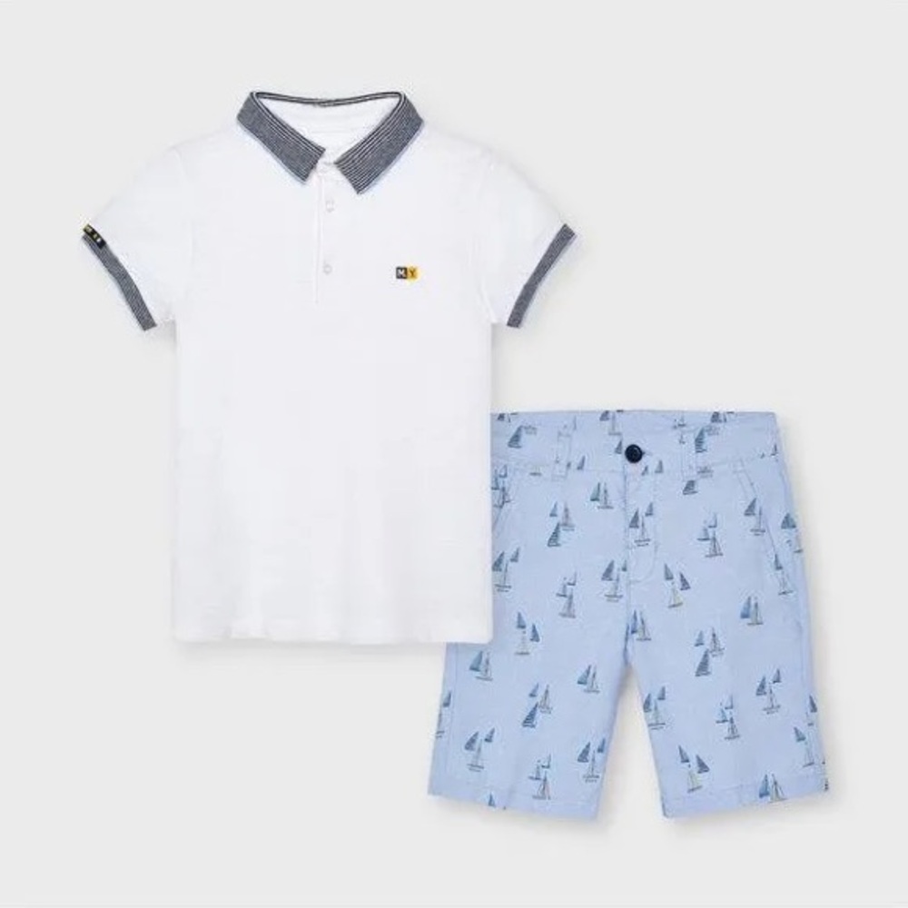 Size 5 Boys Mayoral White Polo with Blue Accents and Light Blue Sailboat Shorts